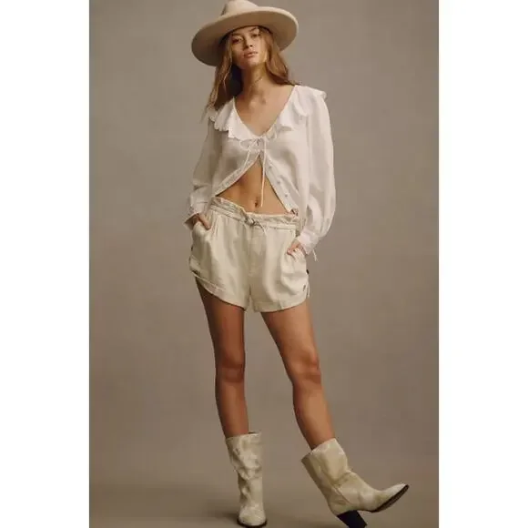 By Anthropologie Linen City Beach Belted Linen Viscose Shorts in Pearl L NWT $98 - Picture 2 of 8